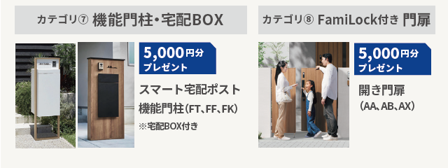 カテゴリ⑦機能門柱・宅配BOX／カテゴリ⑧FamiLock付き門扉