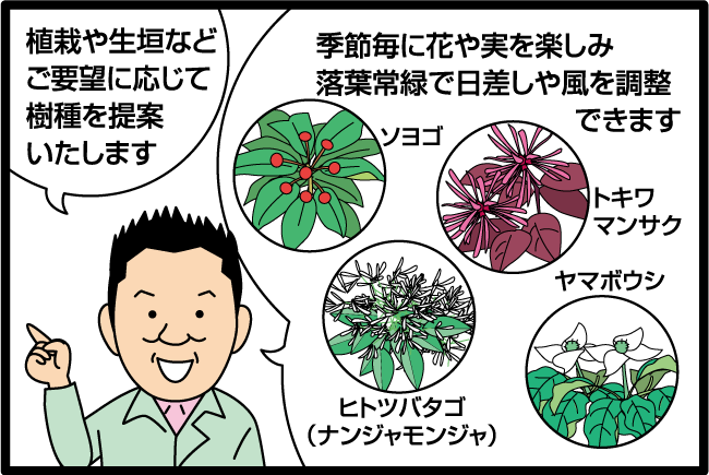 「植栽や生垣などご要望に応じて樹種を提案いたします。」「季節毎に花や実を楽しみ落葉常緑で日差しや風を調整できます。」ソヨゴ・トキワマンサク・ヒトツバタゴ ( ナンジャモンジャ)・ヤマボウシ